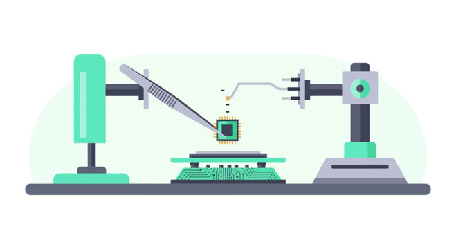 Automated Microchip Assembly and Semiconductor Production Flat Vector Illustration