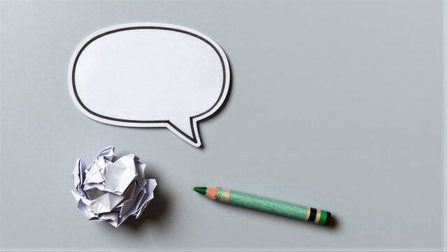 Crushed paper, green crayon, and speech bubble on plain gray surface.