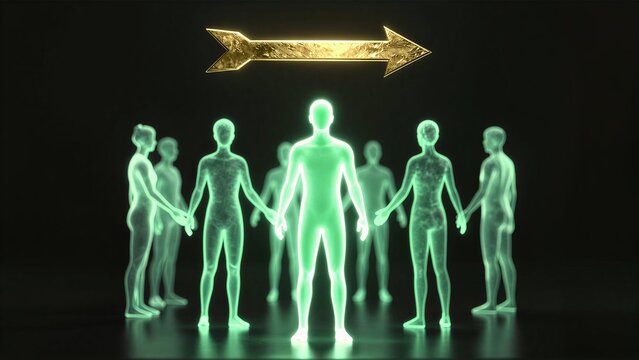 Golden arrow held aloft by glowing figures, symbolizing direction and collective purpose.