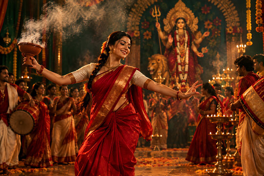 Indian woman in red saree performing traditional dhunuchi dance during durga puja and navratri celebrations with drummers playing in festive decorated temple