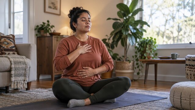 Woman sitting on a yoga mat in her living room practicing deep breathing exercises. Mindfulness and mental health stress relief concept