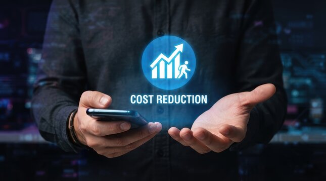 Person using smartphone with cost reduction growth chart graphic overlay with smartphone while displaying reduction symbol upward hands hold smartphone