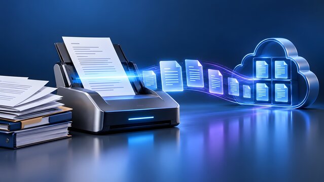 Document Scanning Digitization Concept Scanner Converting Paper To Digital Files Into Cloud Storage