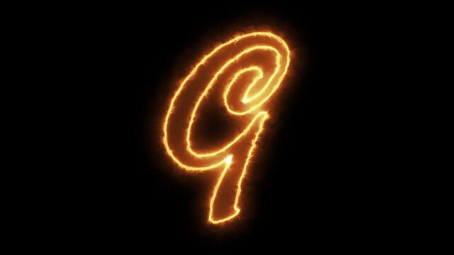 Glowing neon letter g animation with fiery plasma energy effect on black background, alphabet fire