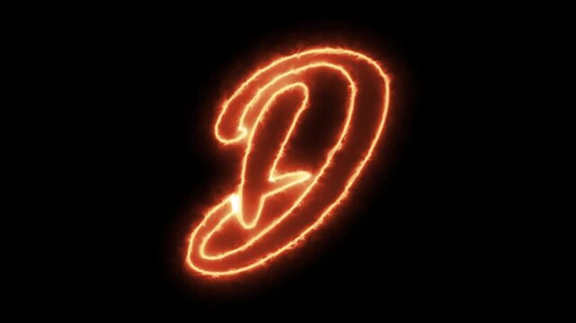 Glowing fire letter d animation, burning neon alphabet character on black background