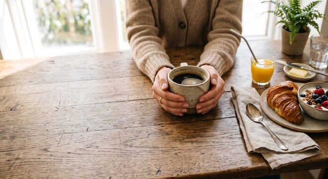 木のテーブルで朝食とともに味わうコーヒー