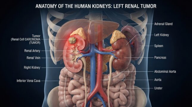 Anatomy of human kidneys showing a left renal tumor illustration