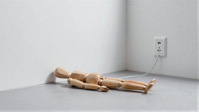 Wooden mannequin lies on floor, plugged into wall socket as if charging.