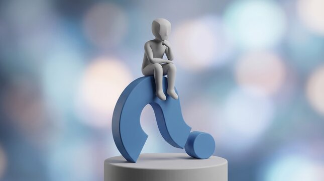 Minimalist grey 3d figure sits thoughtfully atop a large blue question mark symbol against soft bokeh lights in studio lighting