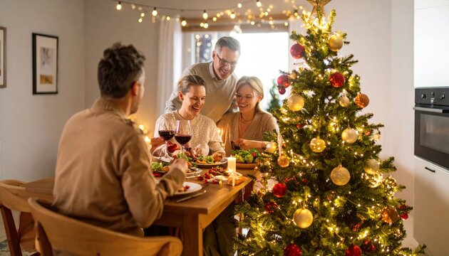 Joyful family Christmas dinner with wine, festive tree, and holiday lights.