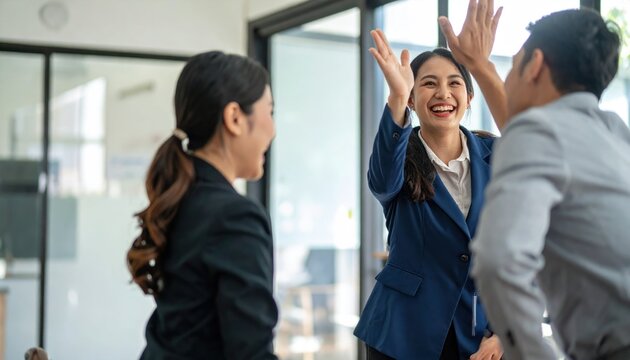 Young Asian Business Team Celebrating Success with High-Fives in Modern Office