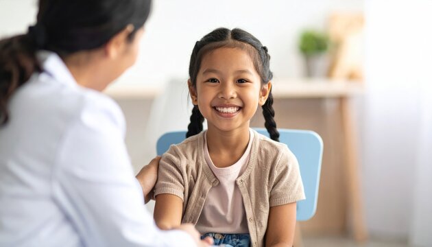 Smiling Asian girl looks at camera during pediatrician doctor visit check-up.