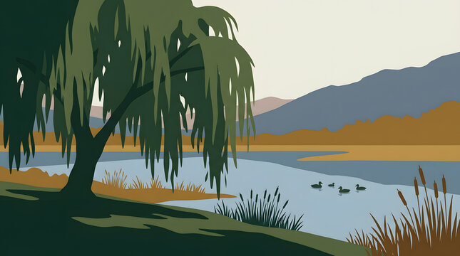 Minimalist Vector Landscape Illustration Featuring a Weeping Willow Tree by a Serene River with Wild Ducks and Distant Mountains