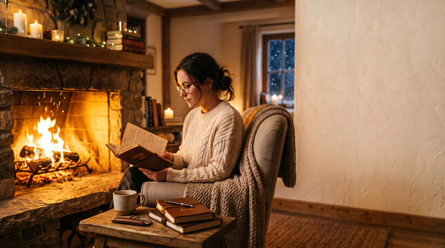 Woman in sweater reading a journal by a cozy stone fireplace, warm cinematic lighting, concept for winter comfort, holiday relaxation and home living