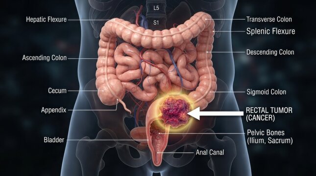 Medical illustration of human colon with a rectal tumor illustration