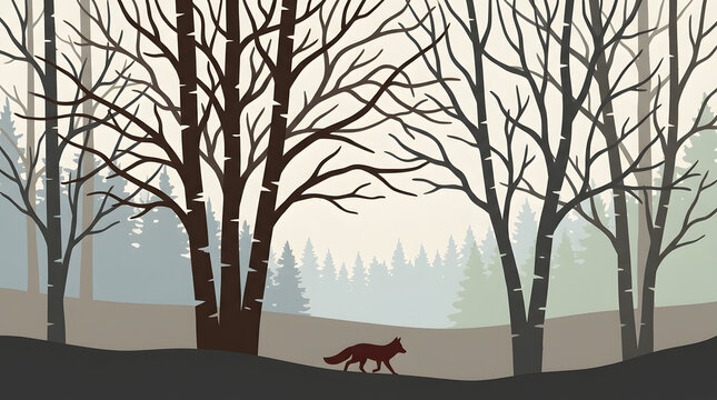 Silhouette of a lone red fox walking through a serene winter forest landscape with bare birch trees and distant foggy woodland scenery