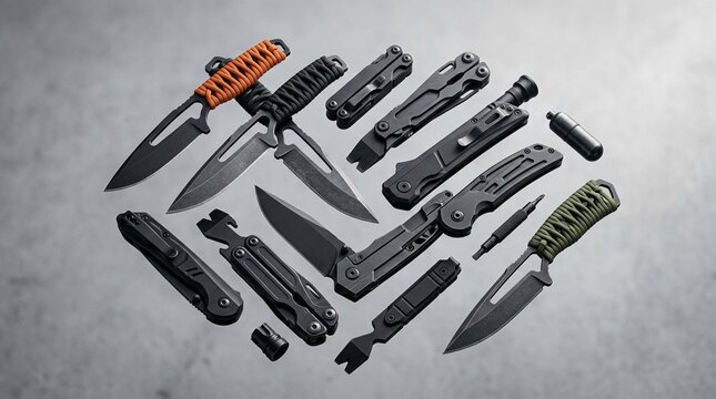 Tactical EDC Gear Collection featuring Folding Knives Multitools and Survival Equipment on Gray Concrete Surface