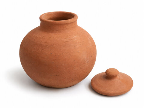 Terracotta olla irrigation pot and lid isolated on white