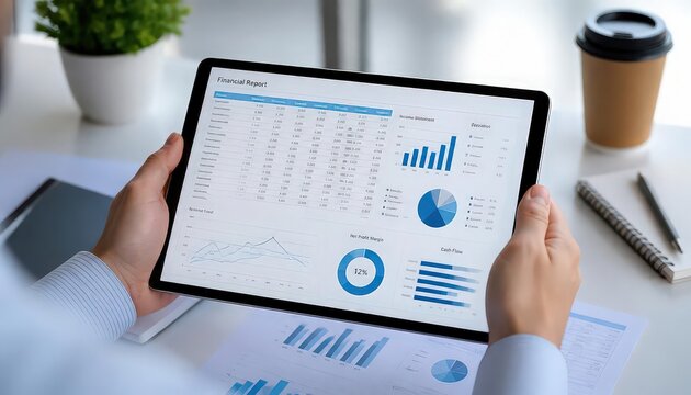 Hands holding a tablet displaying financial report charts in an office setting