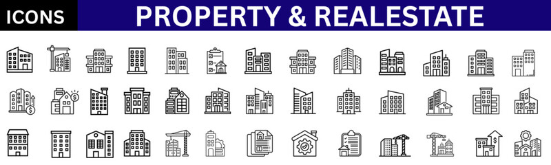 Fototapeta premium property and realestate line icon set. Contain icons related to Real estate, property, development and housing. Editable stroke. Vector illustration