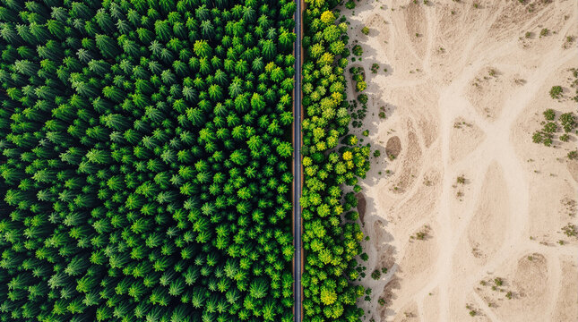 Aerial Top-Down View of Pine Forest and Arid Desert Sand Boundary