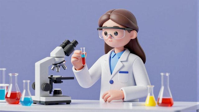 Lab scientist examines red liquid in test tube near microscope and beakers.