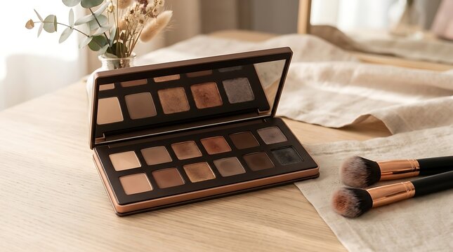 Eyeshadow makeup palette with professional brushes on a wooden table. smoky eye tutorial