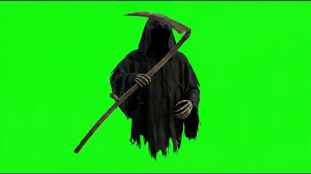 Cinematic 4K Grim Reaper in Black Hooded Cloak Holding Large Scythe on Chroma Key Green Screen for Halloween Horror
