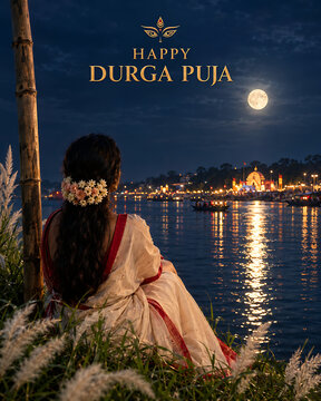 Woman sitting by the river at night looking toward illuminated pandal celebrating beautiful durga puja and auspicious navratri festival with great devotion