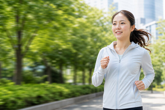 緑のある街中をランニングする若い女性