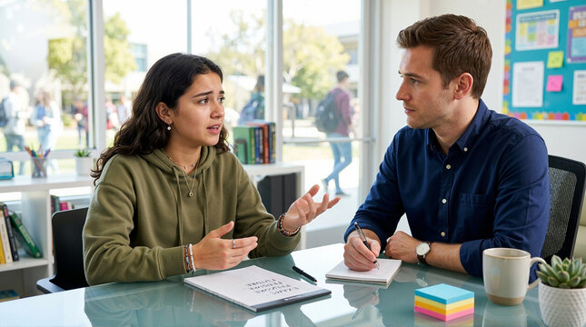 Teenage student speaking with male school psychologist in bright office. High school girl talking to guidance counselor about mental health and stress