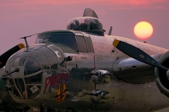 B 25 Mitchell Panchito nose art glows at sunset