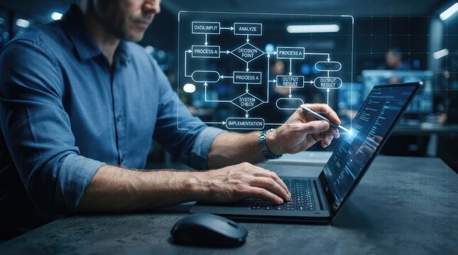 Professional reviewing automated workflow diagram on laptop in modern office environment with floating flowchart