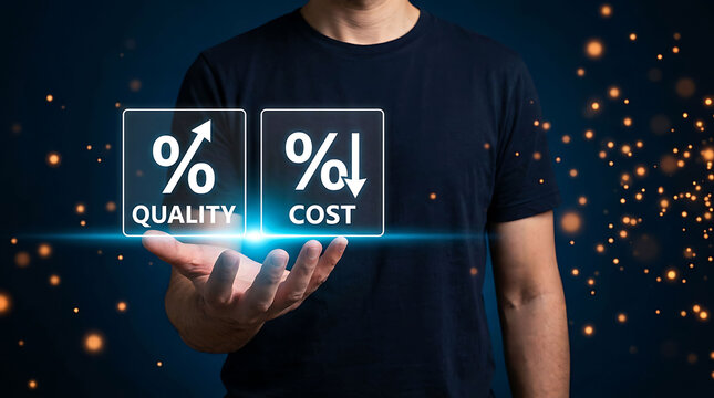 Man holding glowing icons representing quality increase and cost reduction