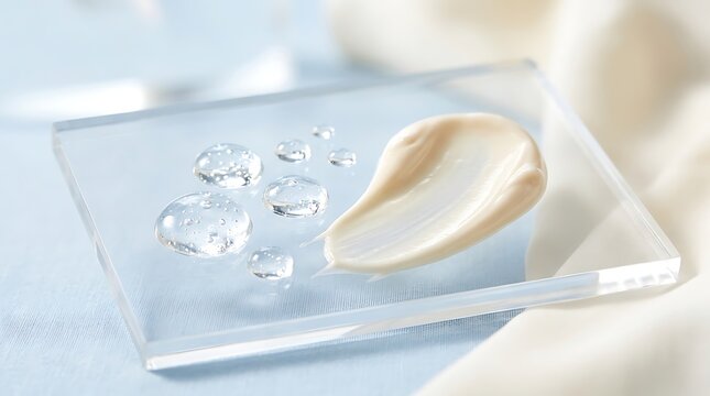 Cream and gel drops on a glass surface for skincare and beauty product presentation. makeup primer test