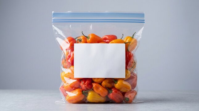 Fresh Habanero Peppers in Transparent Zipper Bag with Blank White Label for Branding Mockup and Food Storage Concept