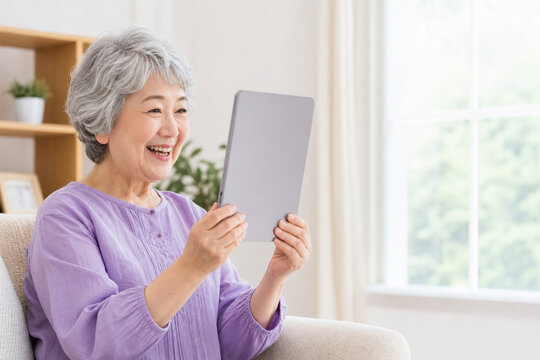 自宅リビングでタブレットを見て笑顔の日本人高齢女性
