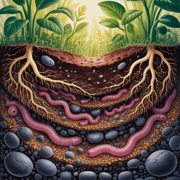 Cross-section view of soil layers with earthworms and plant roots
