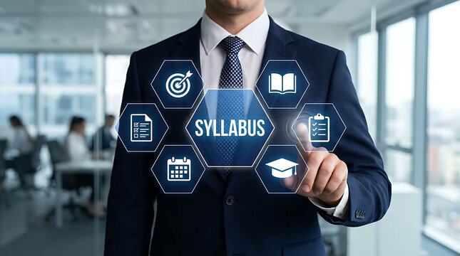 Businessman interacting with a syllabus digital icon interface in a modern office