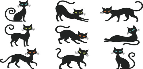 Fototapeta premium Spooky Halloween Black Cat Vector Illustration Clipart Set with Various Poses Including Stretching, Walking, and Sitting for Autumn Holiday Season Graphic Designs