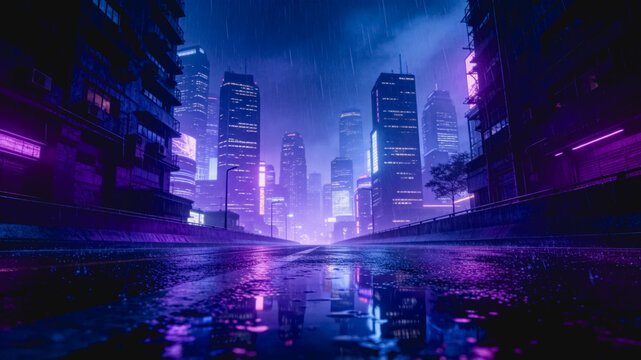 A wet city street reflects vibrant neon lights on a rainy, misty night in a futuristic urban landscape.