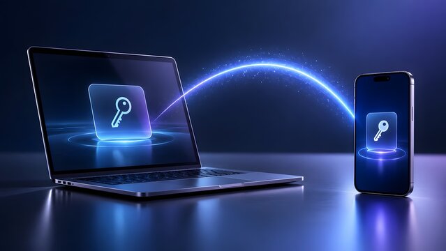Two Factor Authentication Concept With Glowing Key Icon Syncing Between Laptop And Smartphone