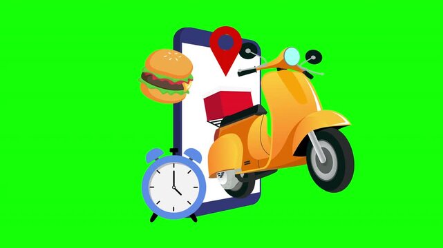 Food delivery and local courier concept with orange scooter, burger, map location pin, clock and delivery package