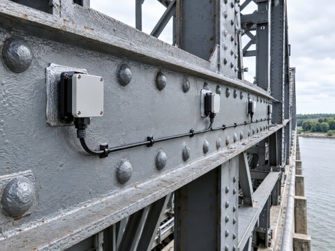 Sensor motes for structural monitoring on a riveted steel girder of a bridge in daylight
