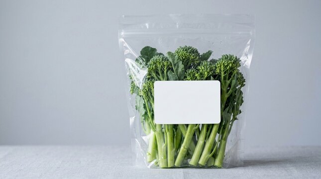 Fresh Green Broccolini in Transparent Plastic Bag with Blank White Label for Product Mockup and Grocery Food Storage Concept