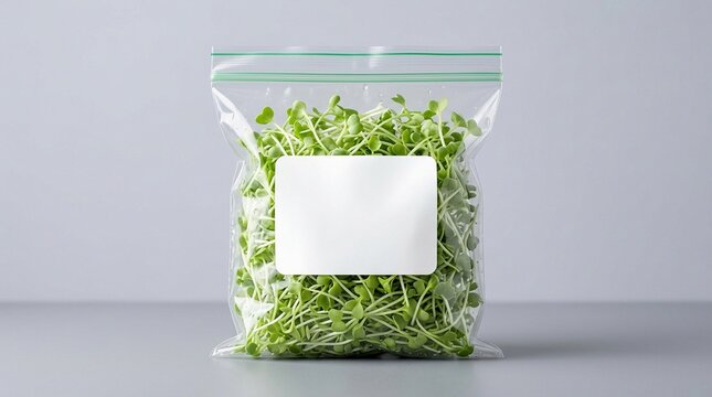 Fresh Organic Microgreens in Transparent Zip Lock Plastic Bag with Blank White Label Mockup for Branding Design