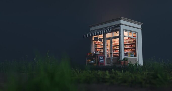 Small convenience store standing alone in dark grassy field at night with flickering interior lights