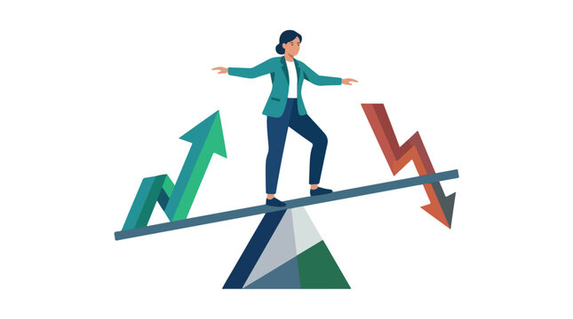 A businesswoman carefully balances on a seesaw fulcrum between a rising green arrow chart and a falling red one.