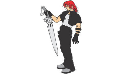 Fototapeta premium Cartoon character holds a futuristic sword while standing in a dynamic fighting stance.