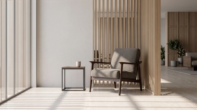 Modern minimal interior with a comfortable armchair and a small side table beside wooden slat partition   